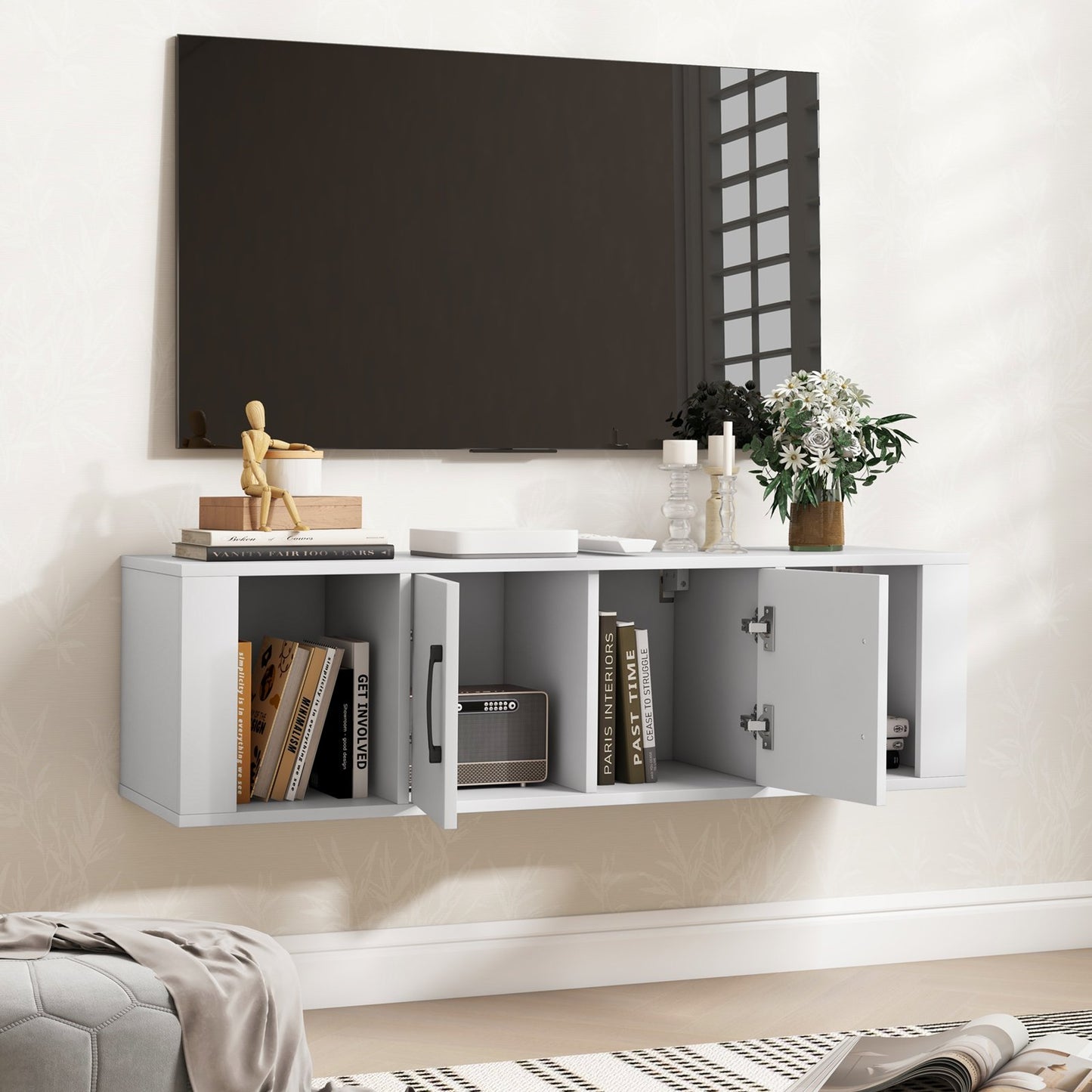Wall Mounted Floating 2 Door Desk Hutch Storage Shelves