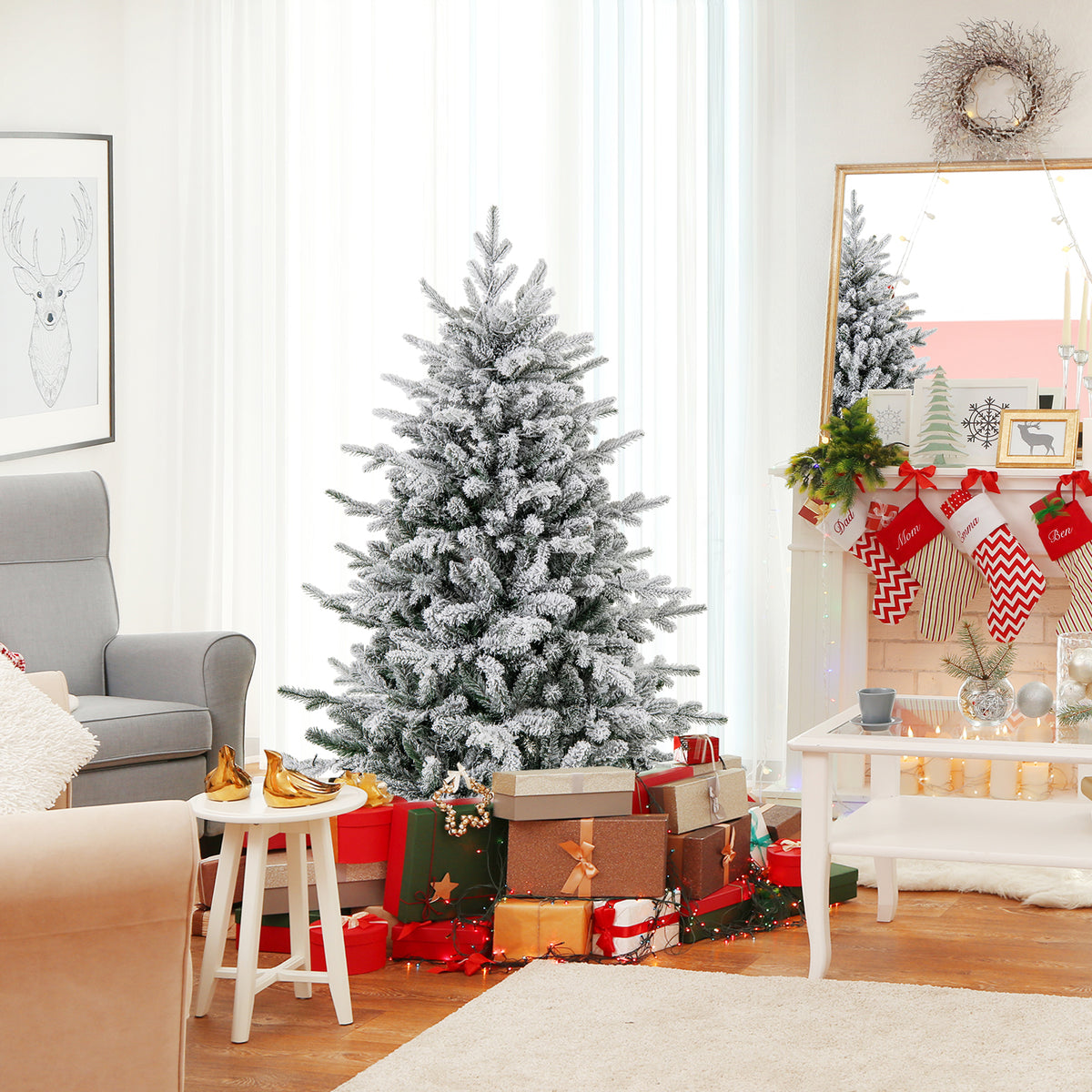 Flocked 4.5-foot Christmas tree with multi-color LED lights and 8 lighting modes, holiday decor by Wilsons Home Store