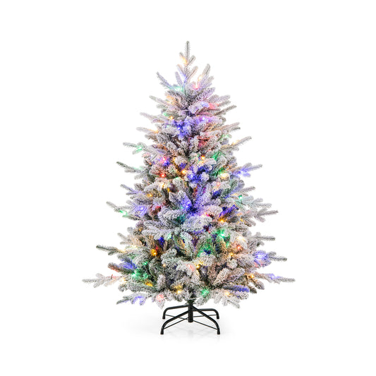 4.5-foot flocked Christmas tree with multi-color LED lights and 8 lighting modes, decorated with artificial snow, from Wilsons Home Store