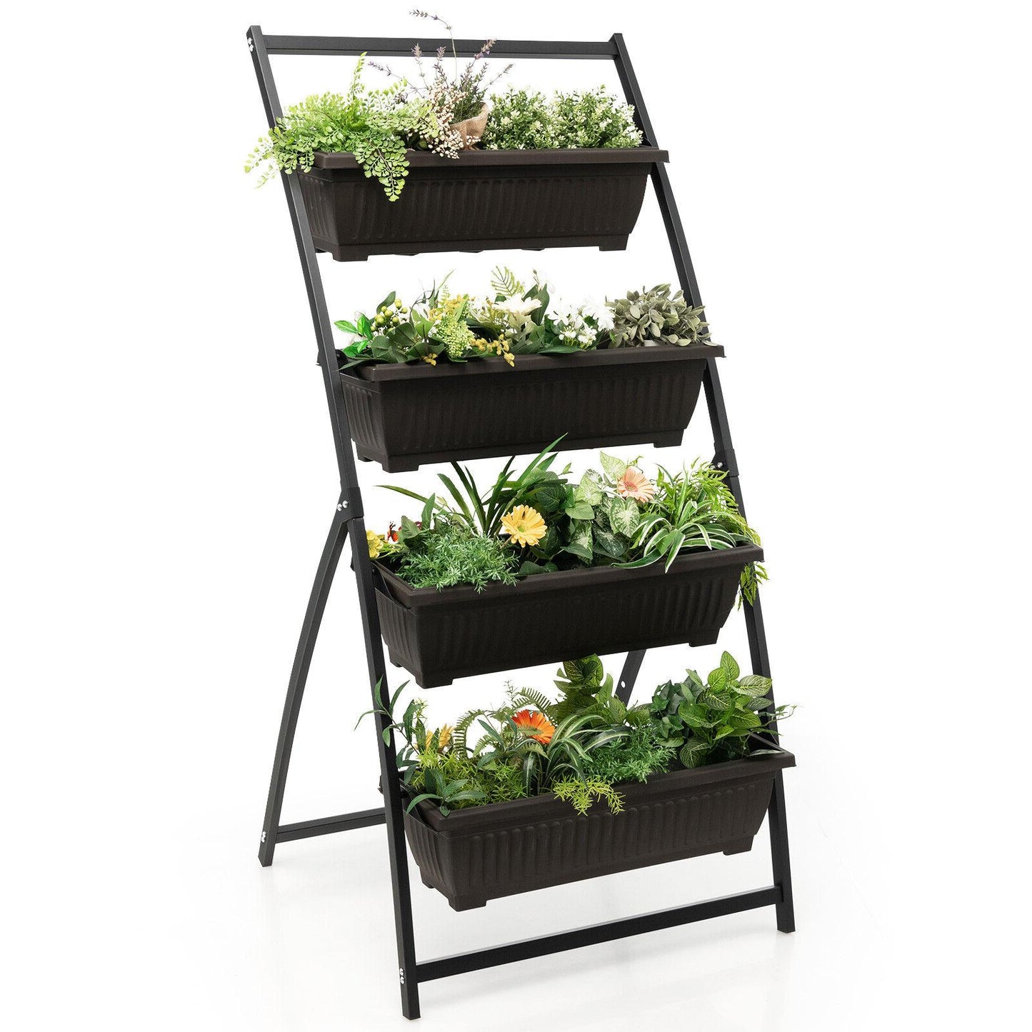 4-tier vertical raised garden bed with four containers and drainage holes, ideal for outdoor gardening.