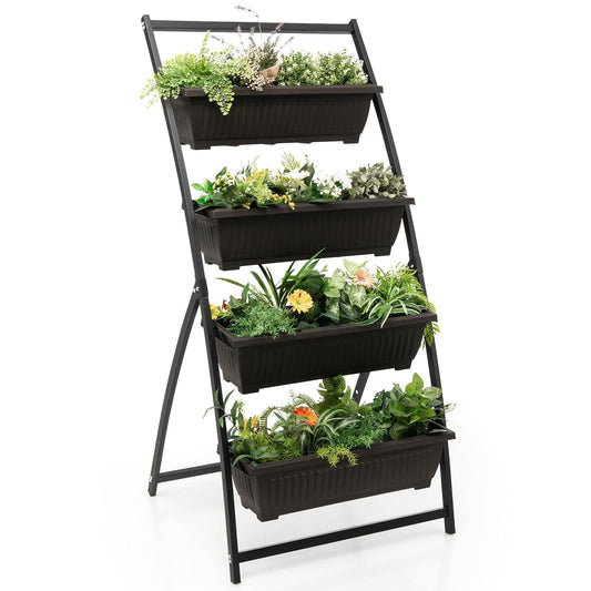 4-tier vertical raised garden bed with four containers and drainage holes, ideal for outdoor gardening.