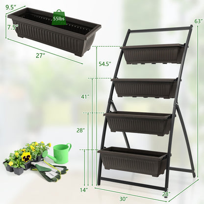 Four-tier vertical raised garden bed with four containers and drainage holes, ideal for outdoor gardening.
