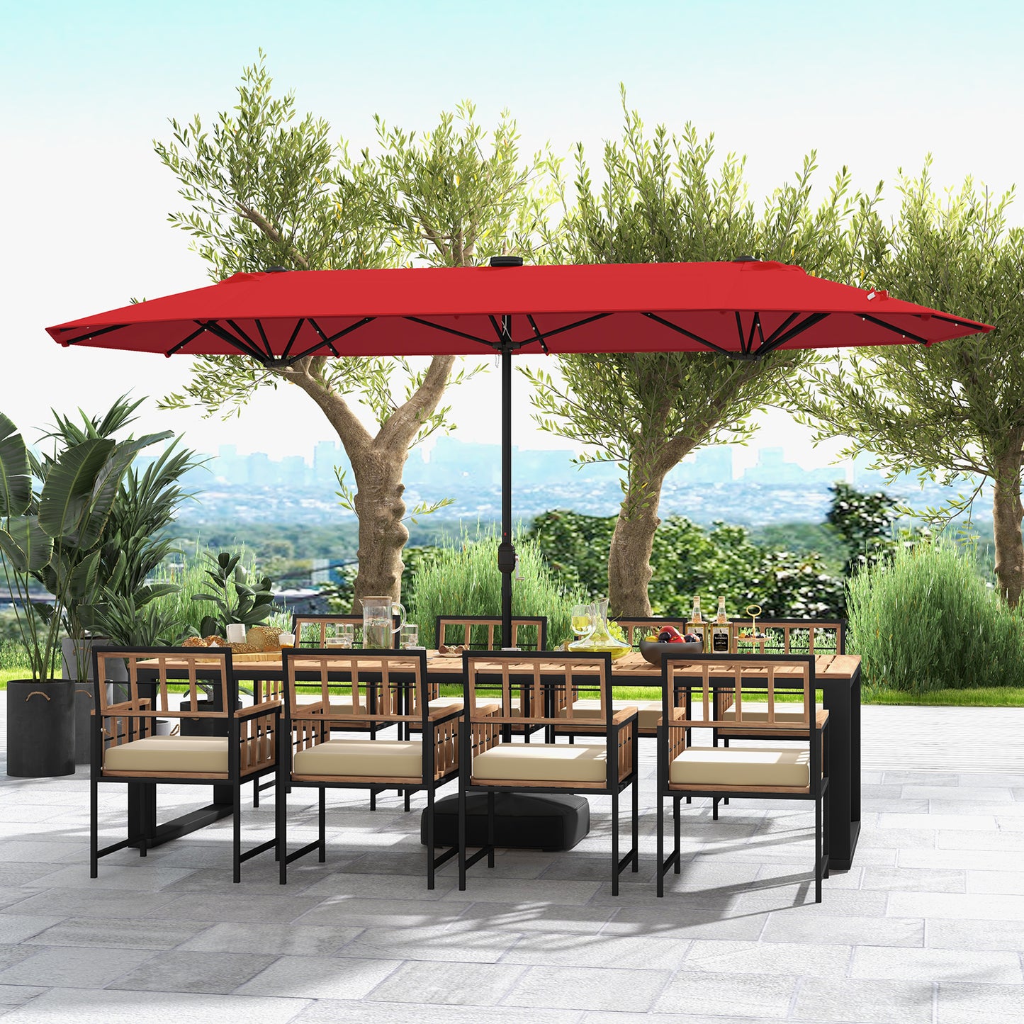 13FT Double-sided Patio Umbrella with Solar Lights for Garden Pool Backyard-Beige