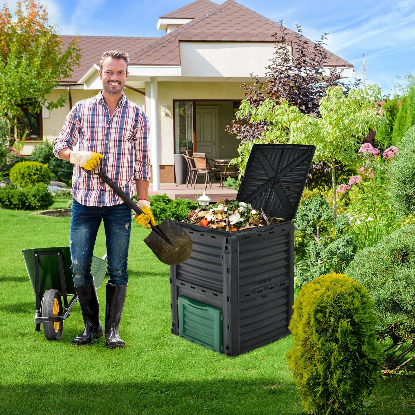 80-Gallon Outdoor Composter with Large Openable Lid and Bottom Exit Door-Black