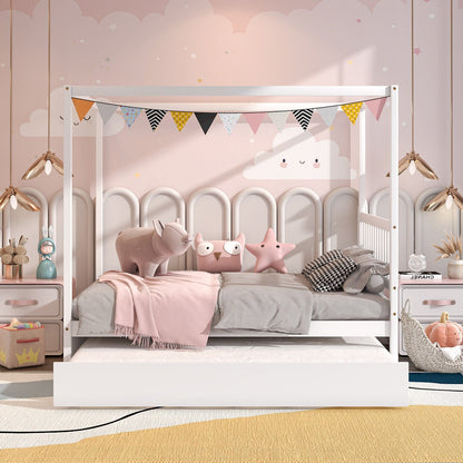 Full Size Canopy Bed with Trundle Wooden Platform Bed Frame Headboard-Gray