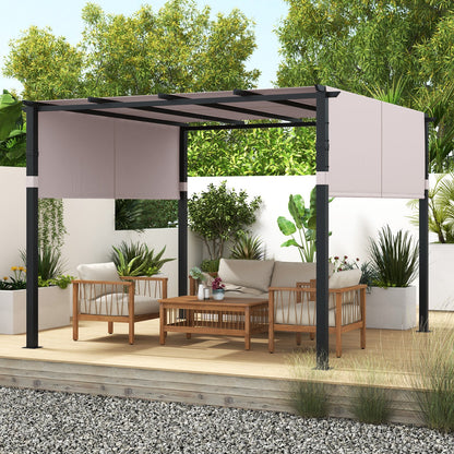 10 x 10 ft Flat Top Pergola with Retractable Canopy for Garden Pool Porch and Backyard-Beige
