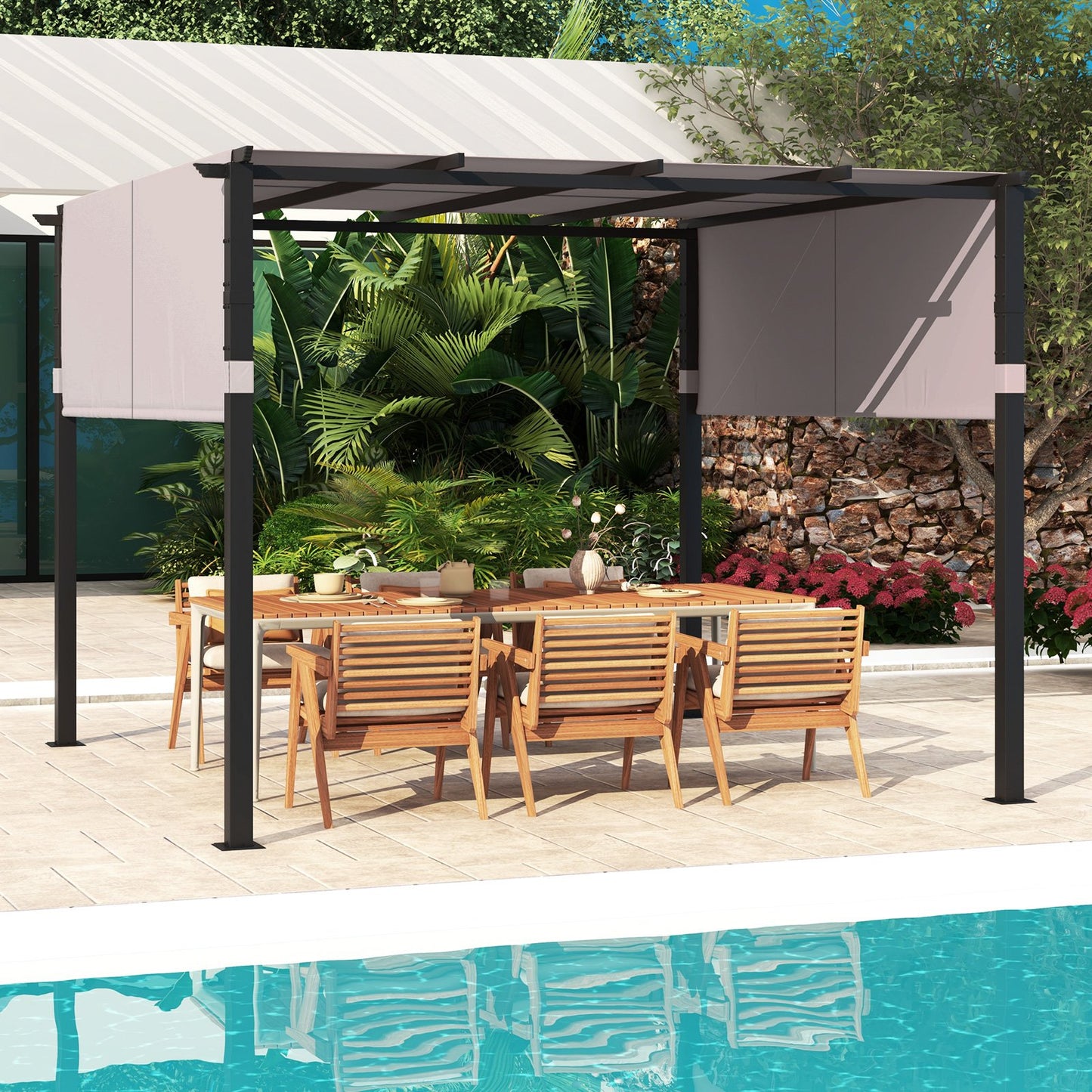 10 x 10 ft Flat Top Pergola with Retractable Canopy for Garden Pool Porch and Backyard-Beige