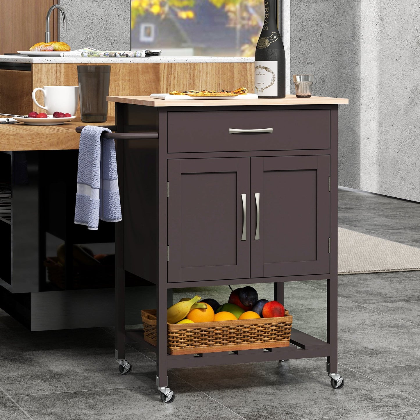 Rolling Kitchen Island Cart with Drawer and Towel Rack-Black