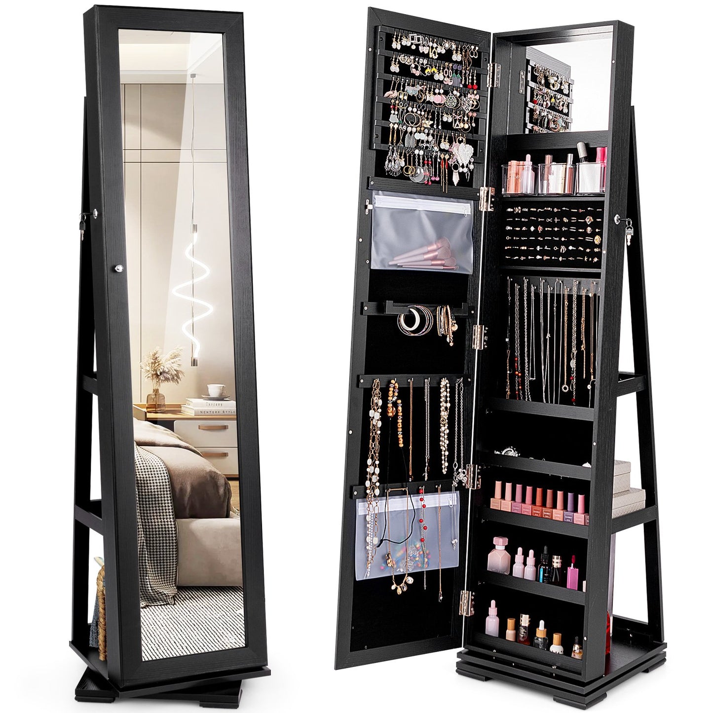 360° Rotatable 2-in-1 Lockable Jewelry Cabinet with Full-Length Mirror-Black