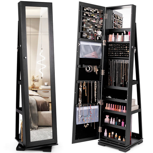 360° Rotatable 2-in-1 Lockable Jewelry Cabinet with Full-Length Mirror-Black