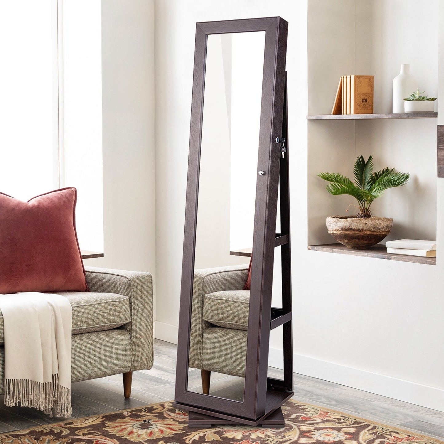 360° Rotatable 2-in-1 Lockable Jewelry Cabinet with Full-Length Mirror-Black