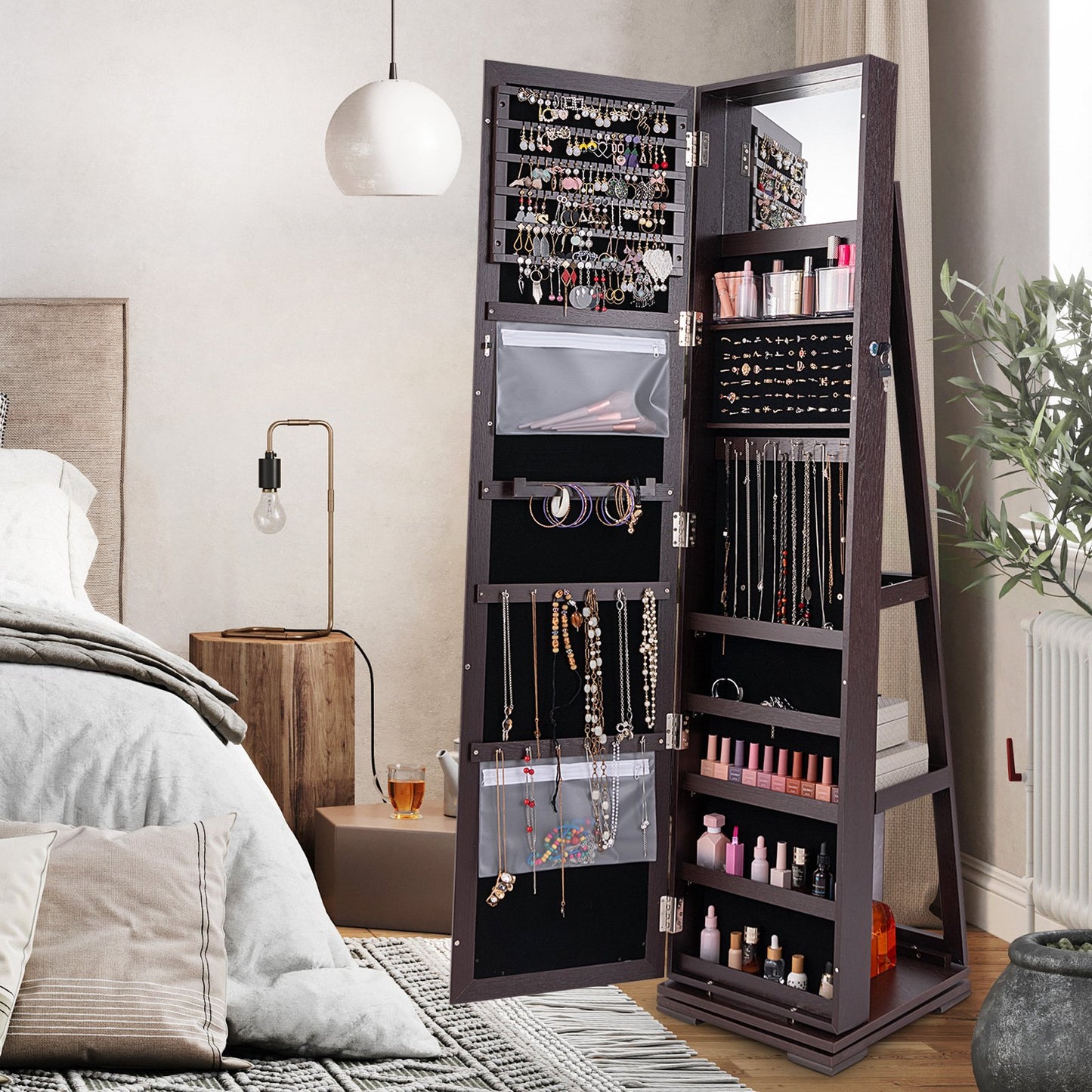 360° Rotatable 2-in-1 Lockable Jewelry Cabinet with Full-Length Mirror-Black