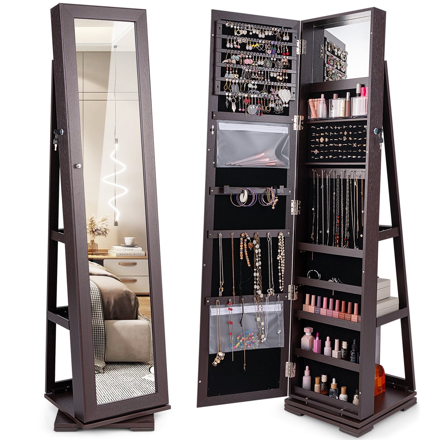 360° Rotatable 2-in-1 Lockable Jewelry Cabinet with Full-Length Mirror-Black