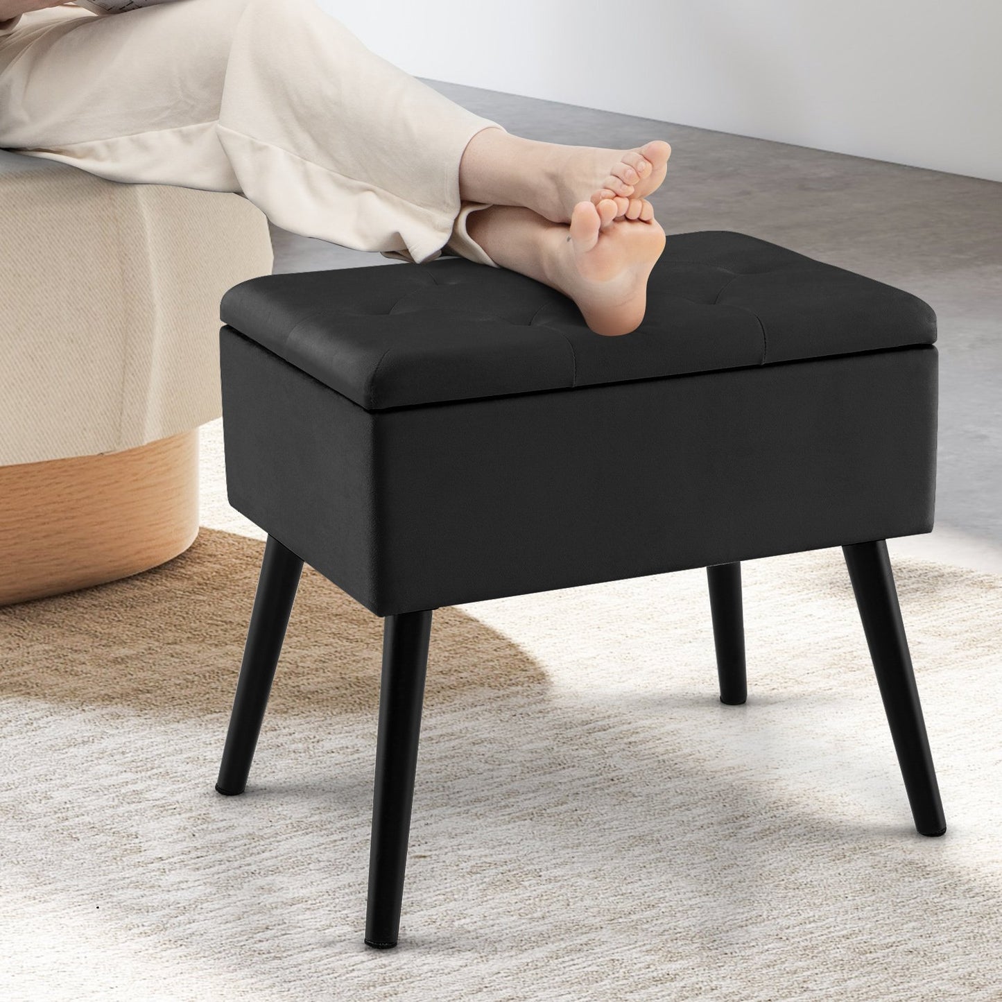 Velvet Storage Ottoman with Solid Wood Legs for Living Room Bedroom-Beige