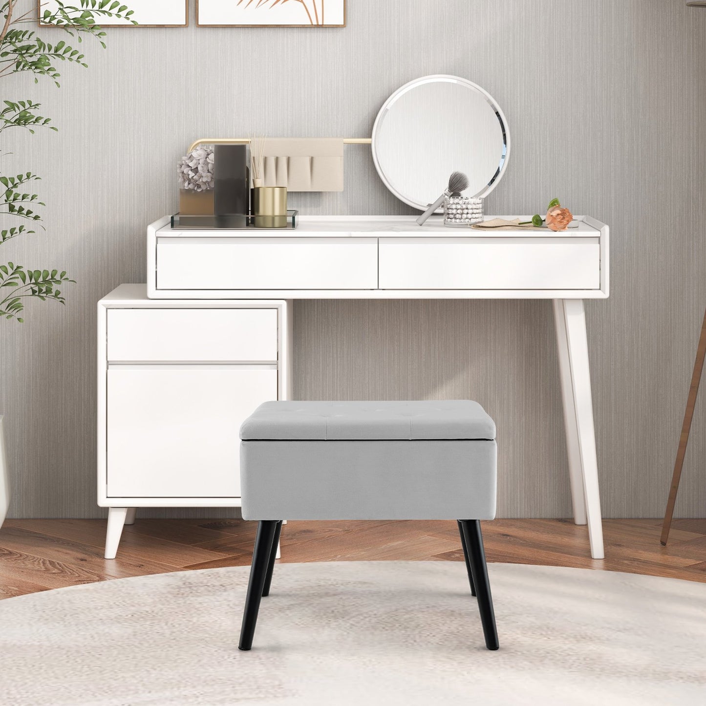 Velvet Storage Ottoman with Solid Wood Legs for Living Room Bedroom-Beige