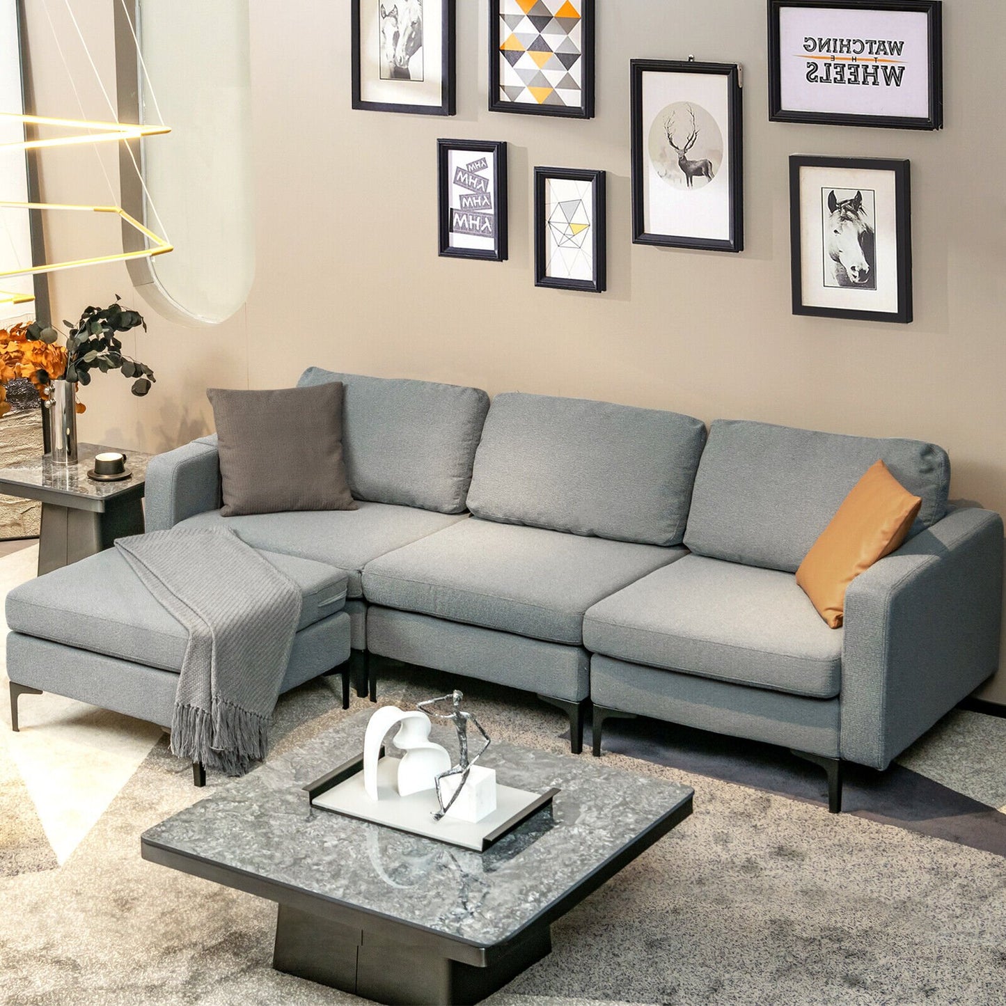 Modular L-shaped Sectional Sofa with Reversible Chaise and 2 USB Ports-Blue