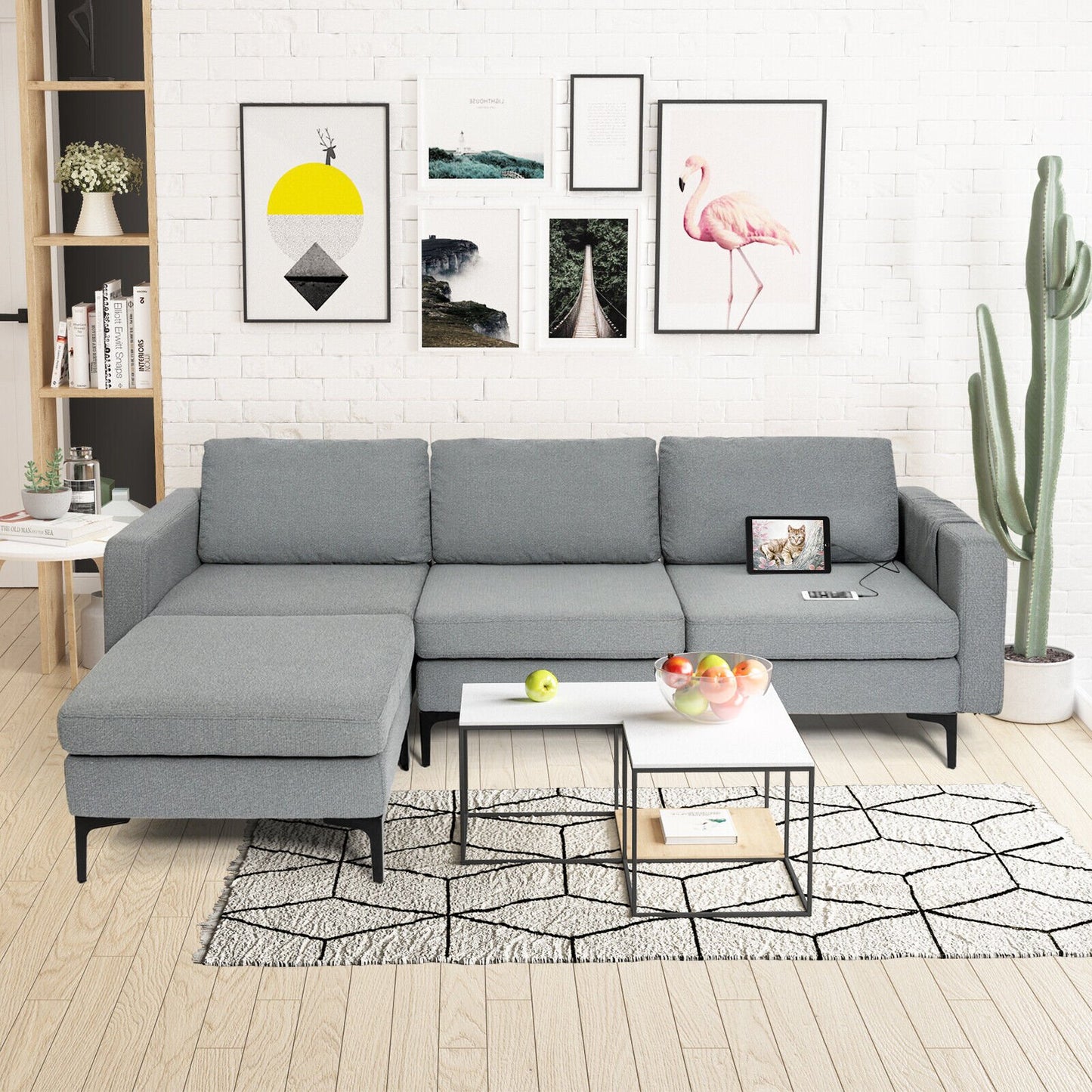 Modular L-shaped Sectional Sofa with Reversible Chaise and 2 USB Ports-Blue