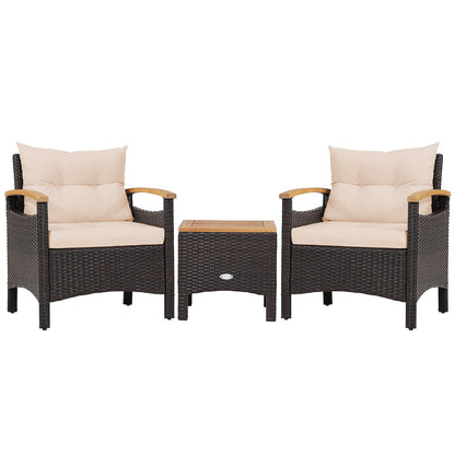 3 Pieces Patio Rattan Furniture Set with Removable Cushions-Beige