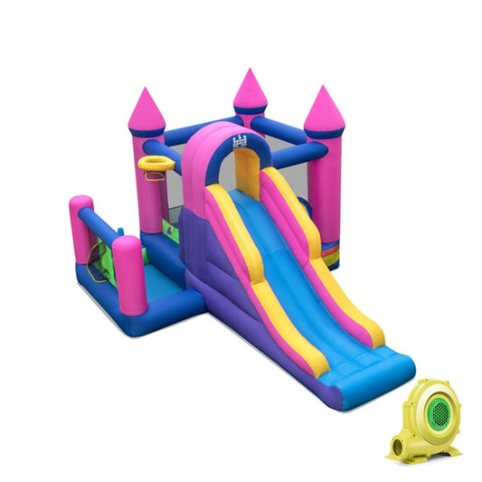 7-in-1 Kids Inflatable Bounce House with Long Slide and 735W Blower