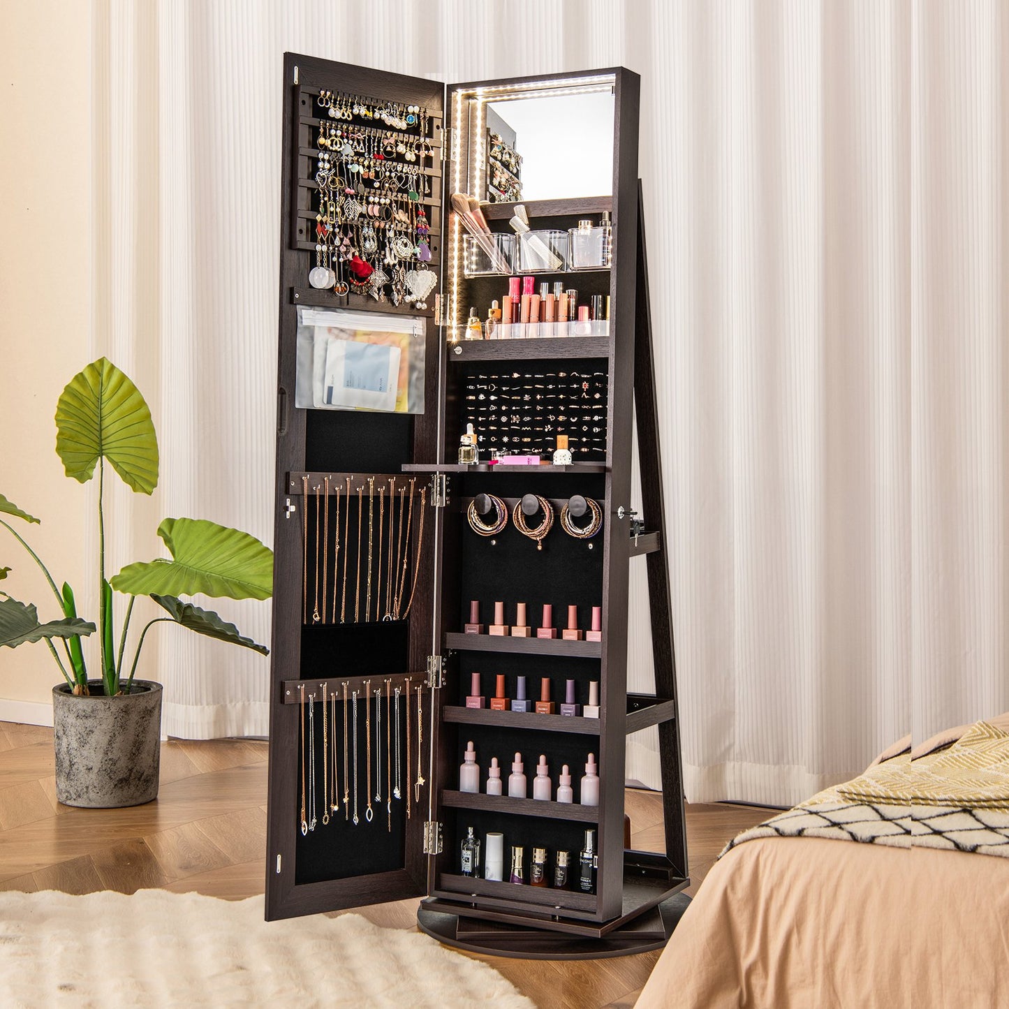 360° Rotating Mirrored Jewelry Cabinet Armoire 3 Color LED Modes Lockable-Black