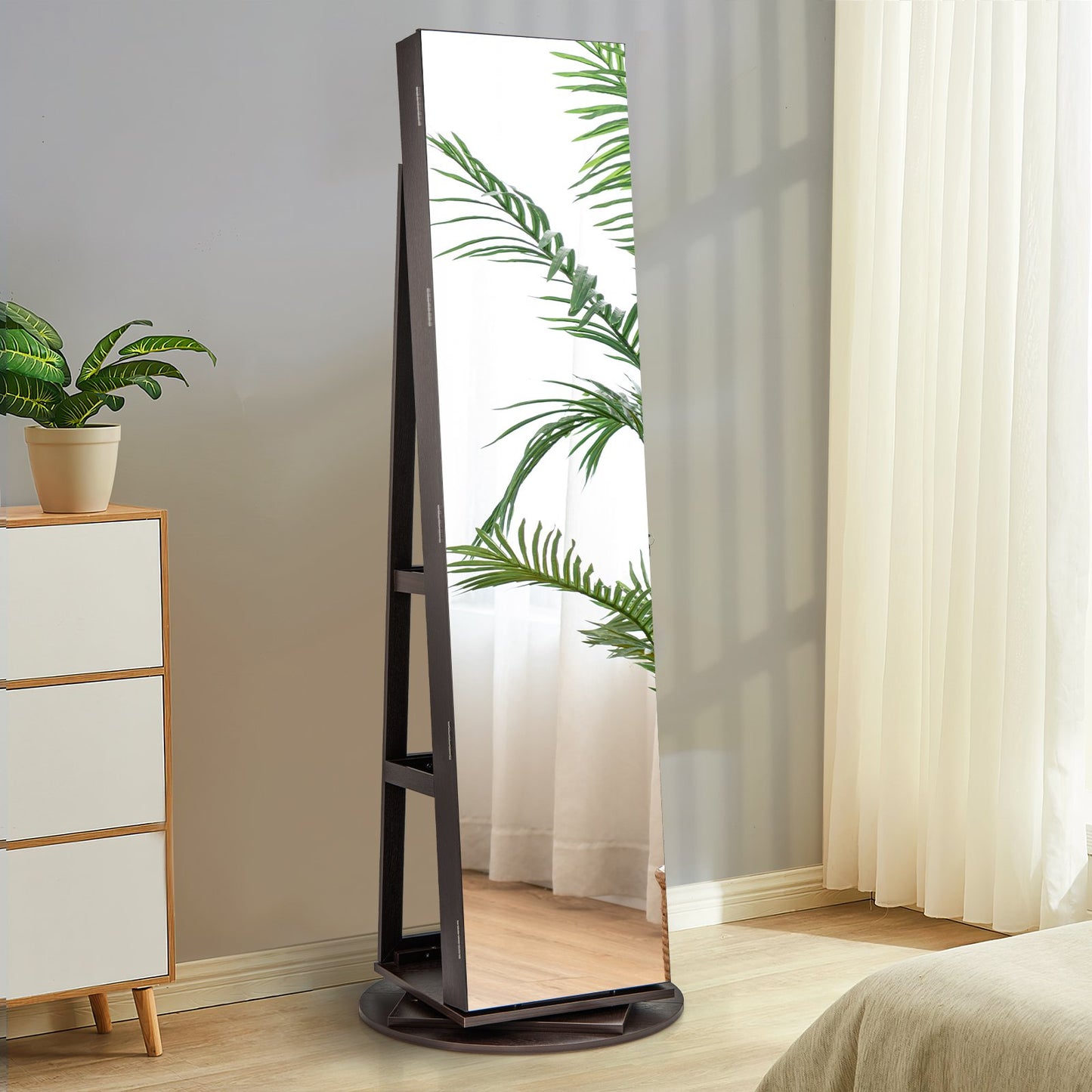 360° Rotating Mirrored Jewelry Cabinet Armoire 3 Color LED Modes Lockable-Black