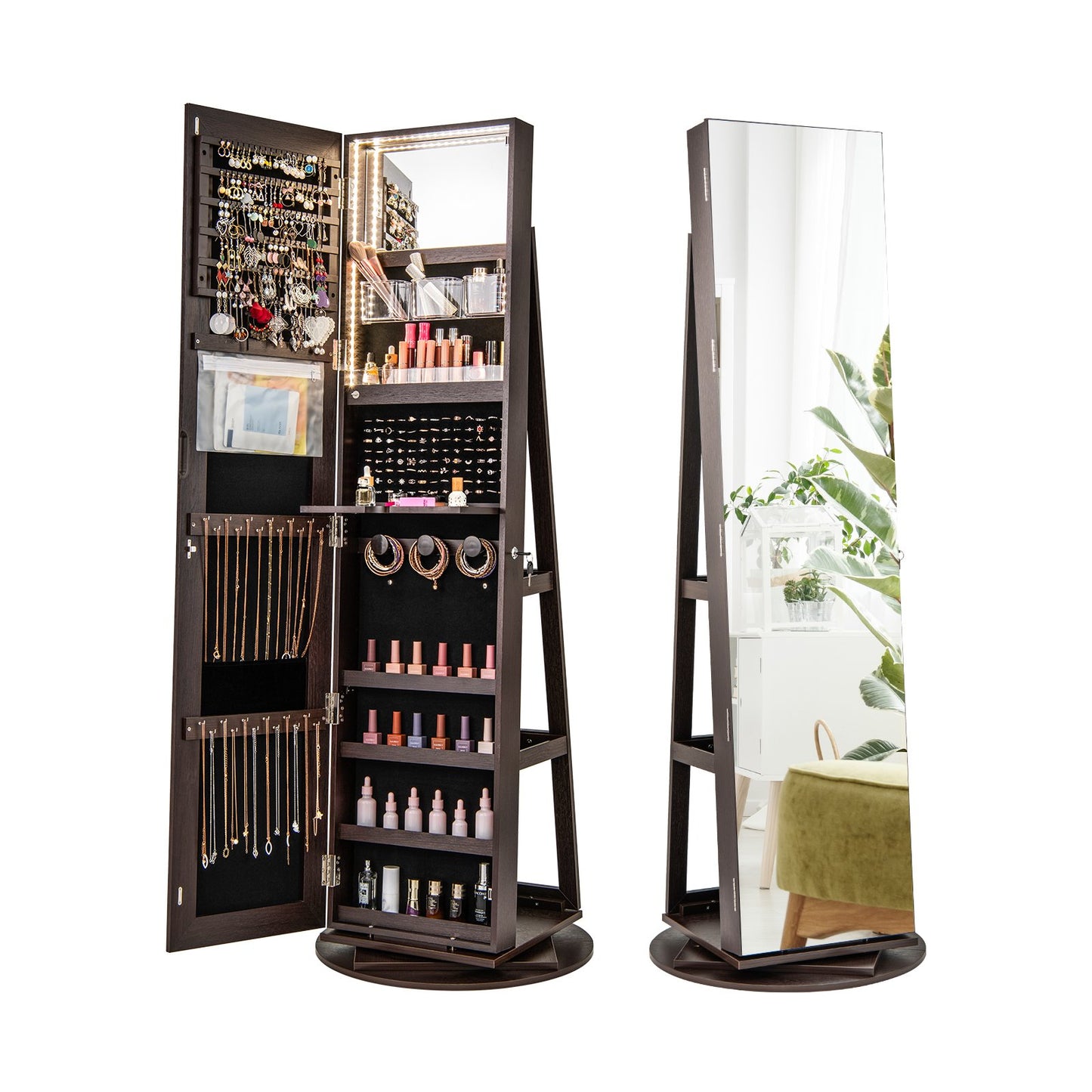 360° Rotating Mirrored Jewelry Cabinet Armoire 3 Color LED Modes Lockable-Black