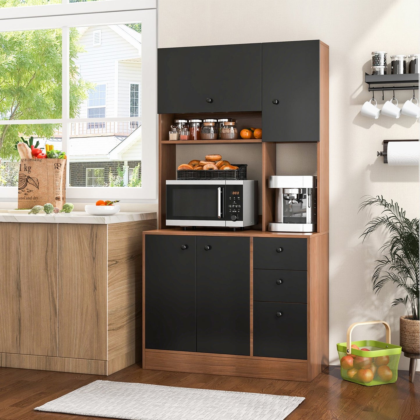 71 Inch Kitchen Pantry with 3 Storage Cabinet and 3 Deep Drawers-Black