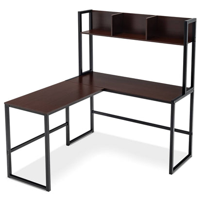 Industrial L-Shaped Desk Bookshelf 55 Inch Corner Computer Gaming Table-Black