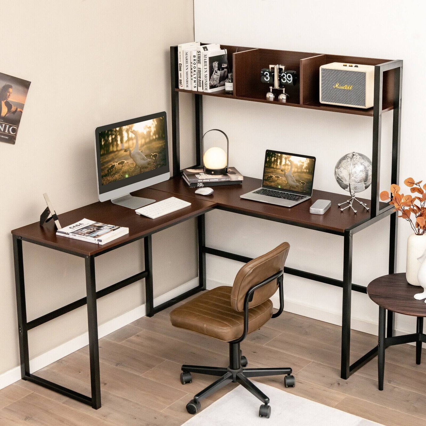 Industrial L-Shaped Desk Bookshelf 55 Inch Corner Computer Gaming Table-Black
