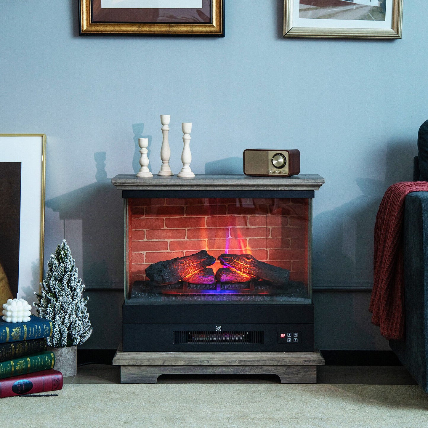 27 Inch Freestanding Electric Fireplace with 3-Level Vivid Flame Thermostat-Black