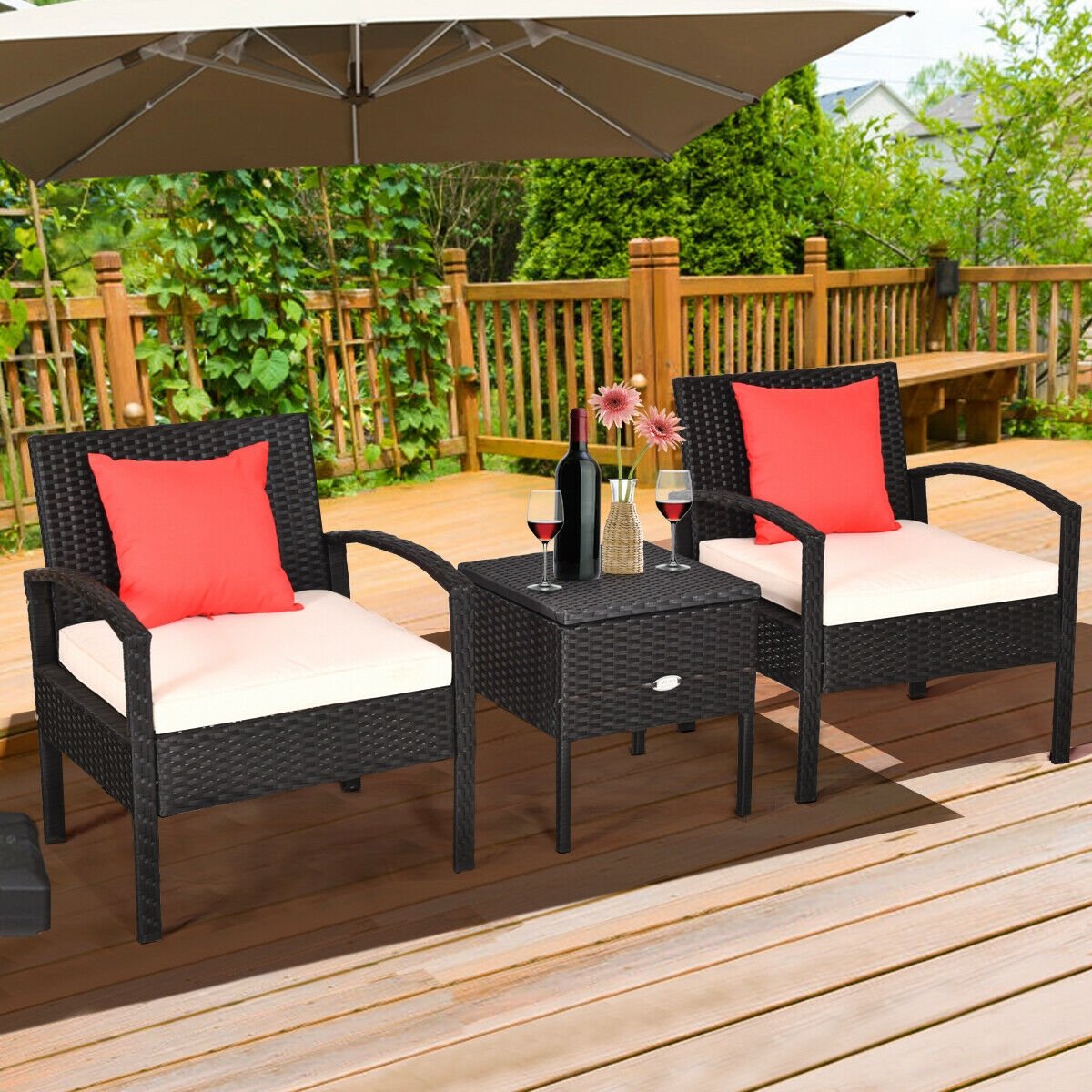 3 Piece PE Rattan Wicker Sofa Set with Washable and Removable Cushion for Patio-Red