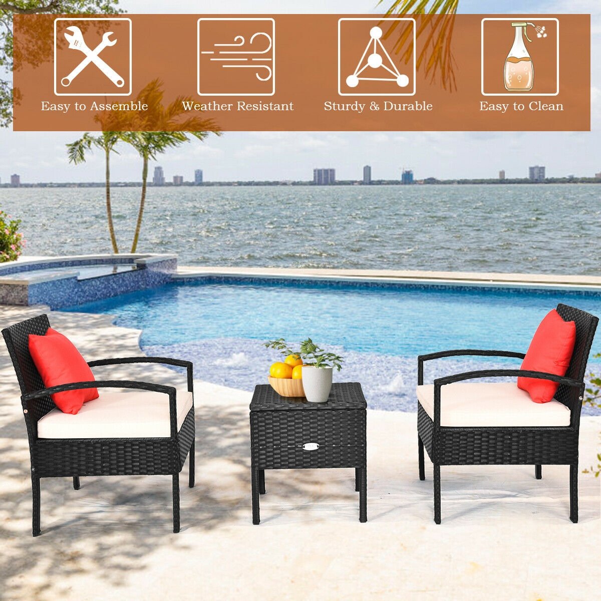 3 Piece PE Rattan Wicker Sofa Set with Washable and Removable Cushion for Patio-Red