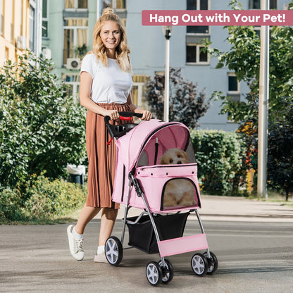 Foldable 4-Wheel Pet Stroller with Storage Basket-Beige