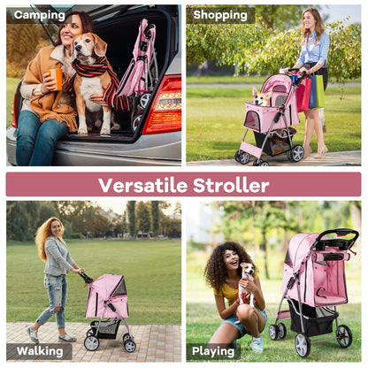 Foldable 4-Wheel Pet Stroller with Storage Basket-Beige