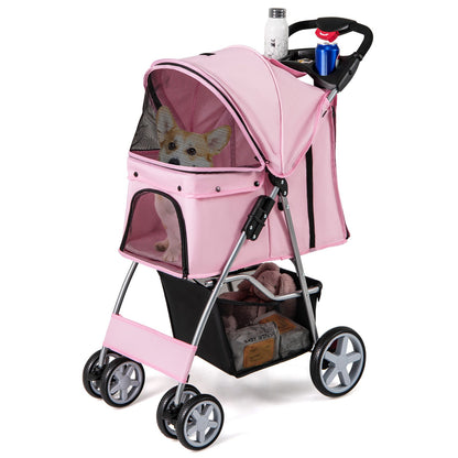 Foldable 4-Wheel Pet Stroller with Storage Basket-Beige