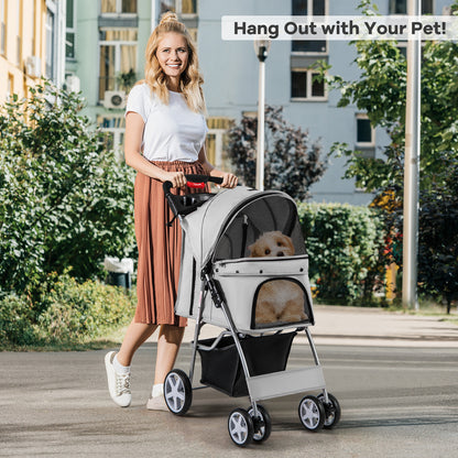 Foldable 4-Wheel Pet Stroller with Storage Basket-Beige