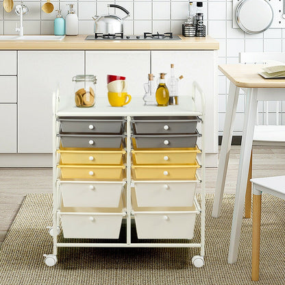 12-Drawer Rolling Storage Cart with Removable Drawers and Lockable Wheels-White