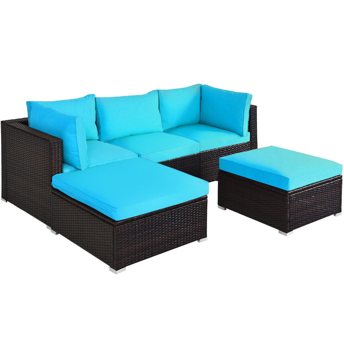 5 Pieces Patio Rattan Sofa Set with Cushion and Ottoman-Beige