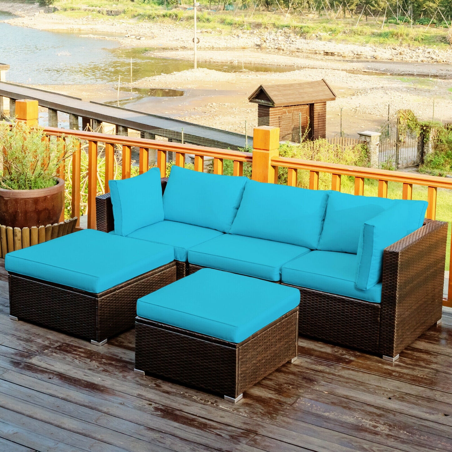 5 Pieces Patio Rattan Sofa Set with Cushion and Ottoman-Beige