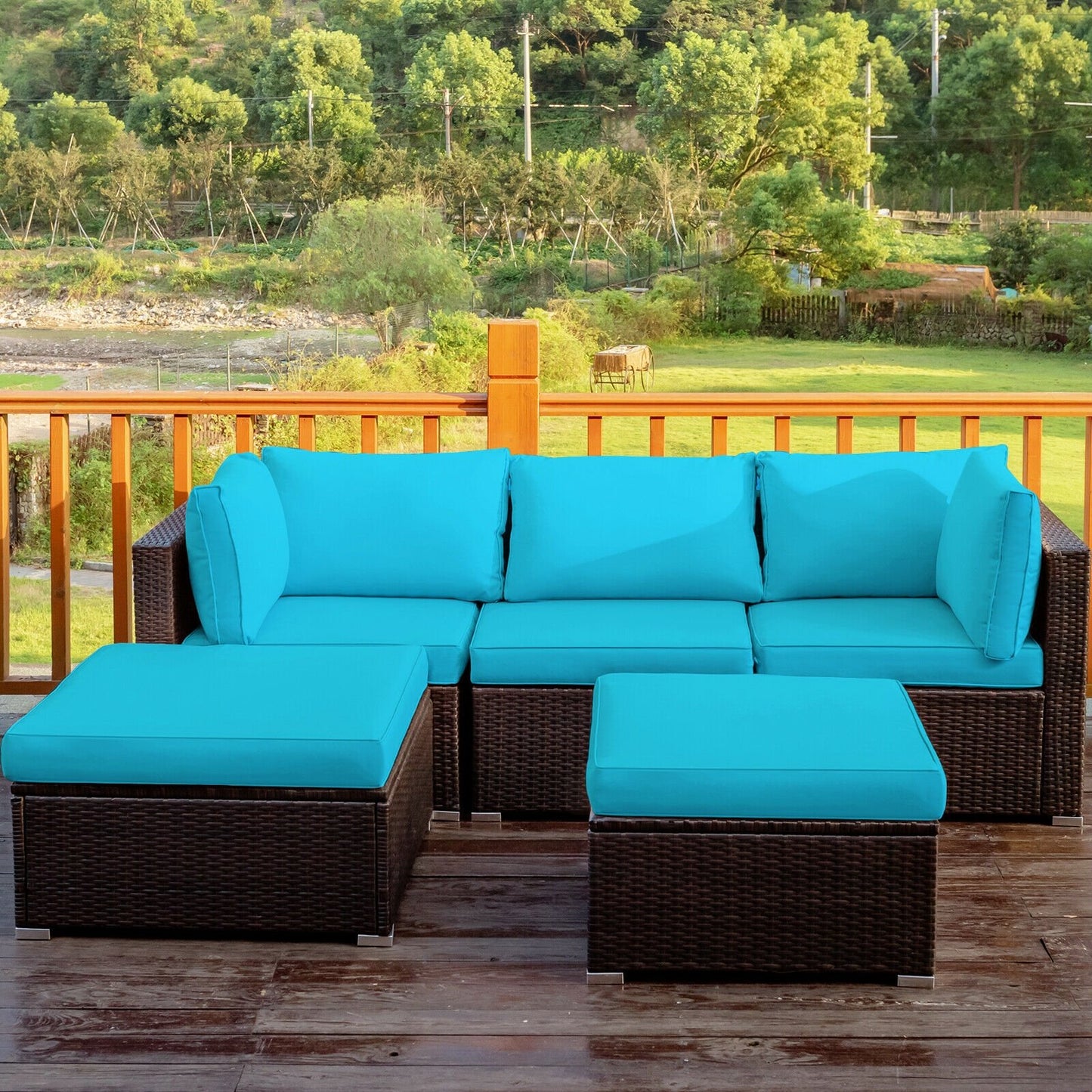 5 Pieces Patio Rattan Sofa Set with Cushion and Ottoman-Beige