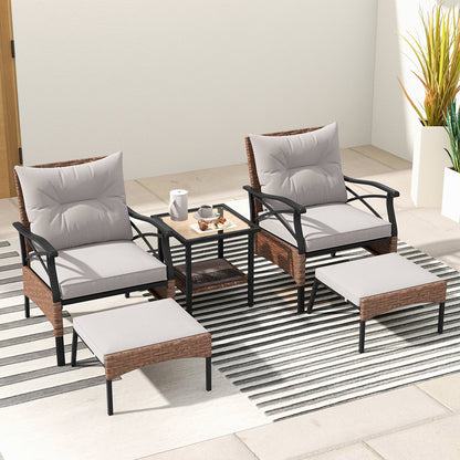 5 Pieces Wicker Patio Furniture Set Ottomans and Cushions and 2-Tier Tempered Glass Side Table-Brown