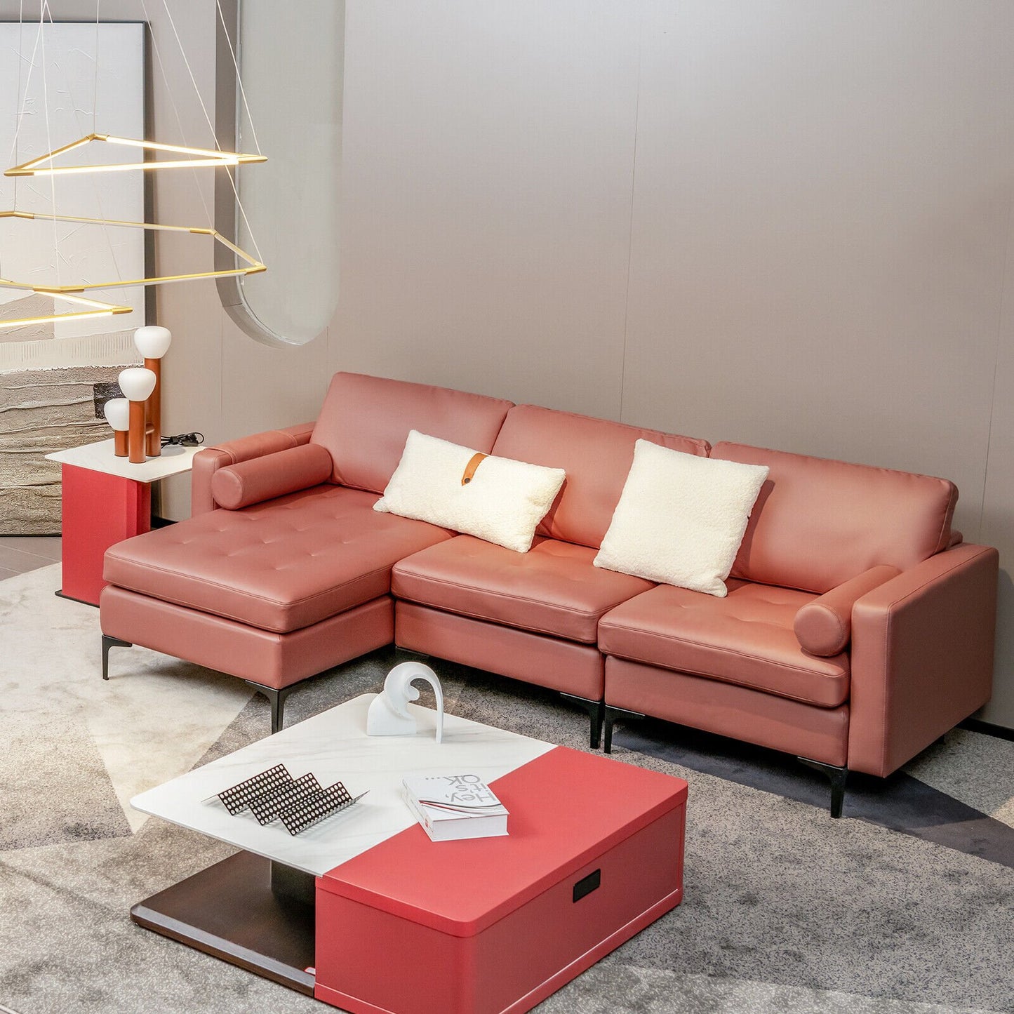 Modular 2-seat/3-Seat/4-Seat L-shaped Sectional Sofa Couch with Reversible Chaise and Socket USB Ports-3-Seat L-shaped