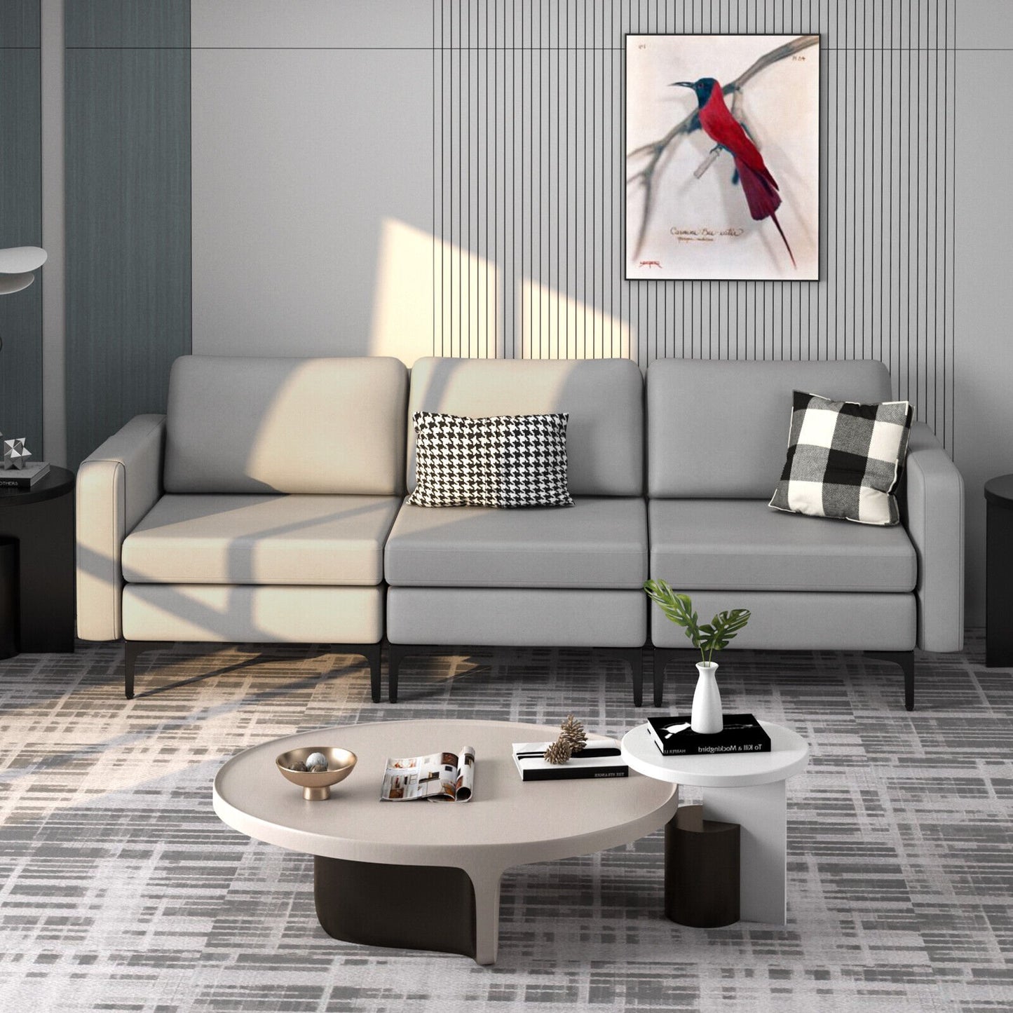 3-Seat Sectional Sofa Couch with Armrest Magazine Pocket and Metal Leg-Blue