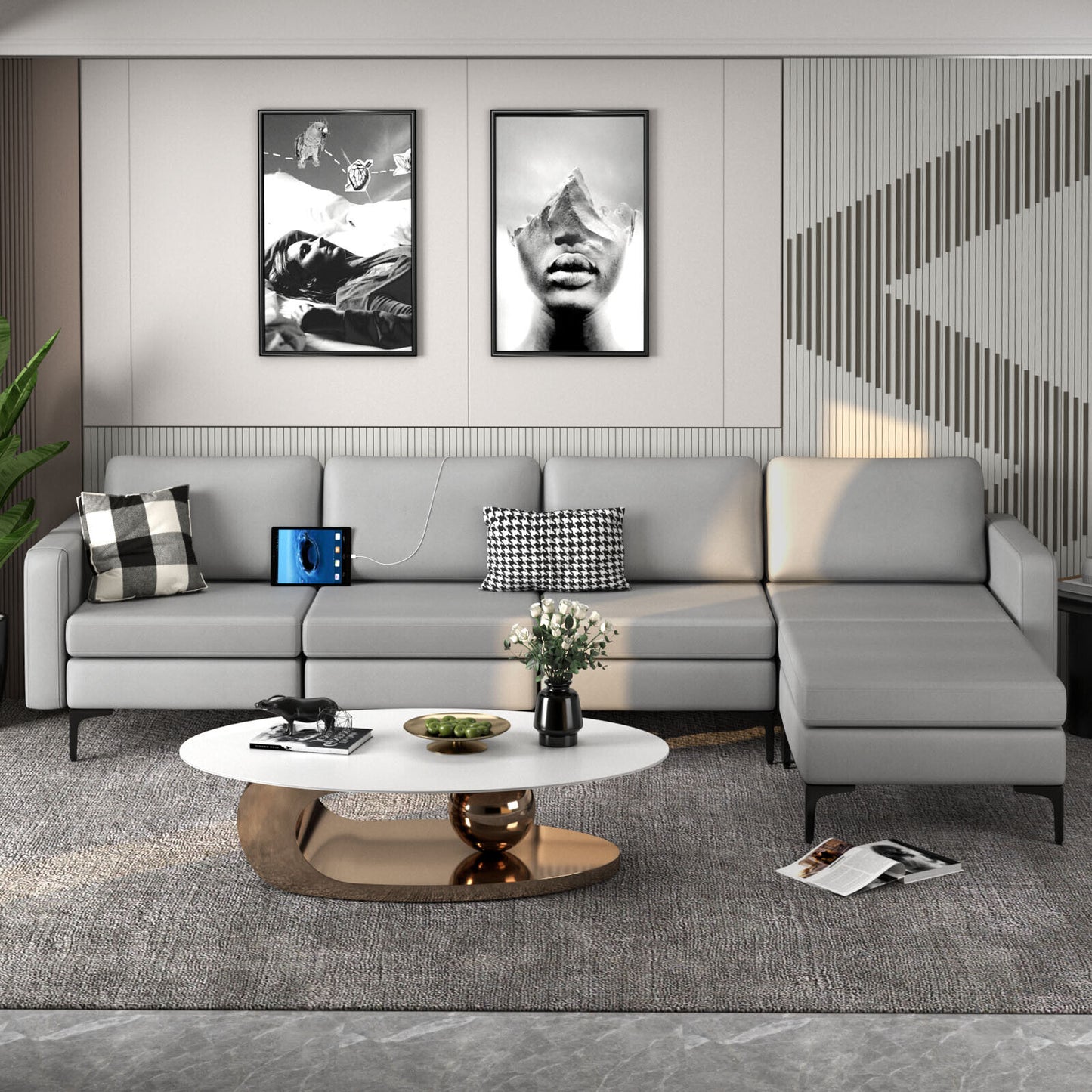 Modular L-shaped Sectional Sofa with Reversible Ottoman and 2 USB Ports-Blue