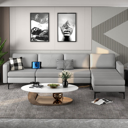 Modular L-shaped Sectional Sofa with Reversible Ottoman and 2 USB Ports-Blue