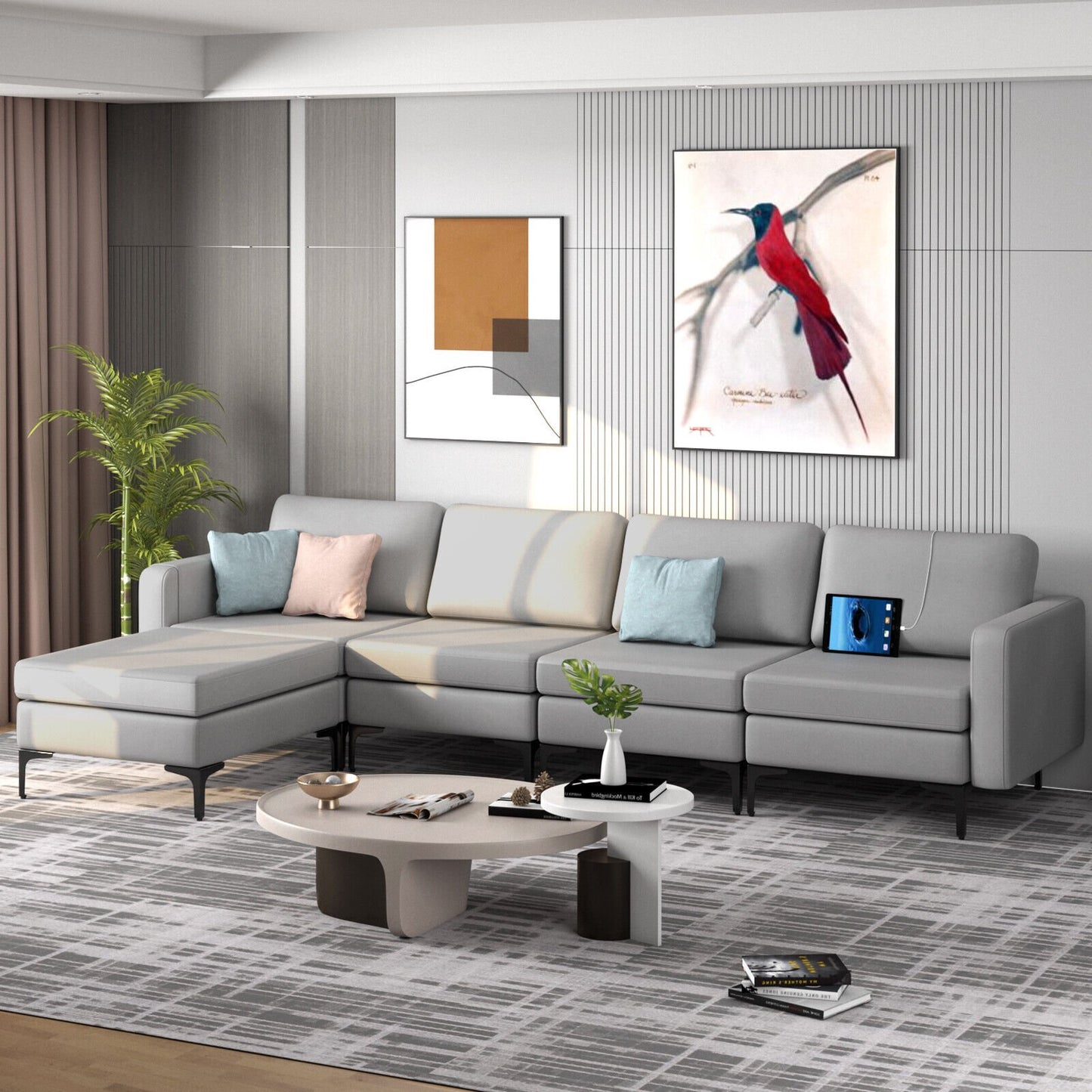Modular L-shaped Sectional Sofa with Reversible Ottoman and 2 USB Ports-Blue