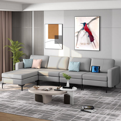 Modular L-shaped Sectional Sofa with Reversible Ottoman and 2 USB Ports-Blue