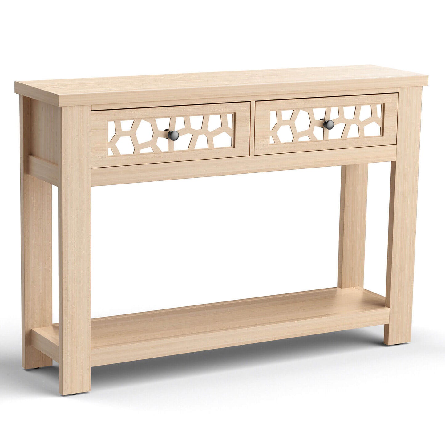 2-Tier Console Table with Drawers and Open Storage Shelf-Brown