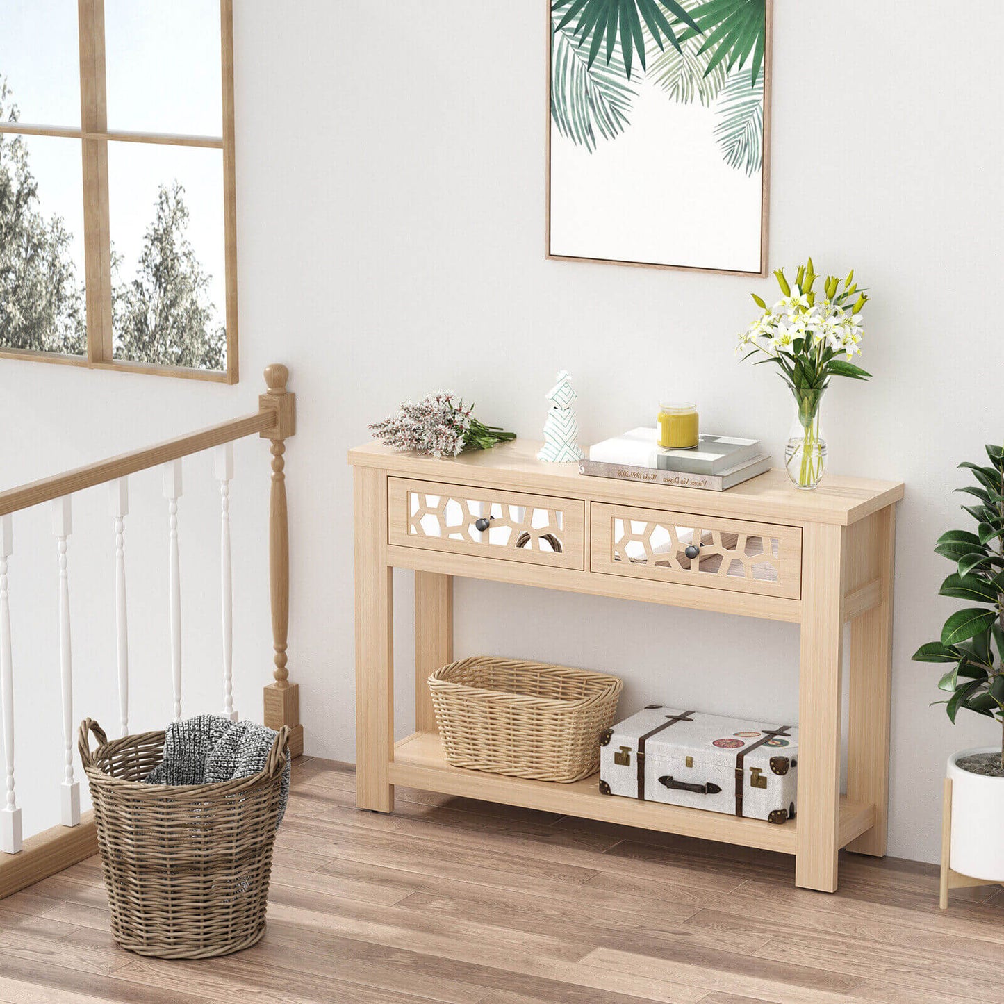 2-Tier Console Table with Drawers and Open Storage Shelf-Brown