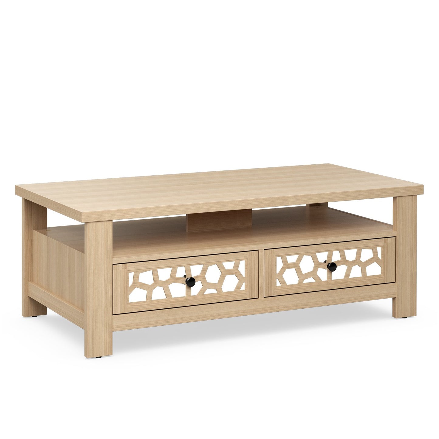 3-tier Coffee Table with 2 Drawers and 5 Support Legs-Brown